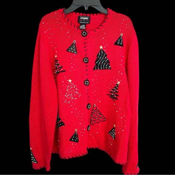 Designers Originals Studio Sweater FaLaLa Size XL Red Bead Christmas Tree - Picture 6 of 15